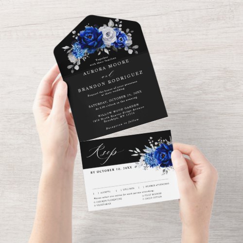 Royal Blue White Silver Metallic Floral Wedding Al All In One Invitation