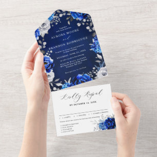 Royal Blue White Silver Metallic Floral Wedding Al All In One Invitation