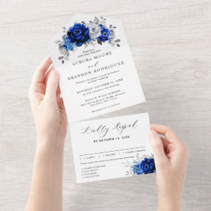 Royal Blue White Silver Metallic Floral Wedding All In One Invitation