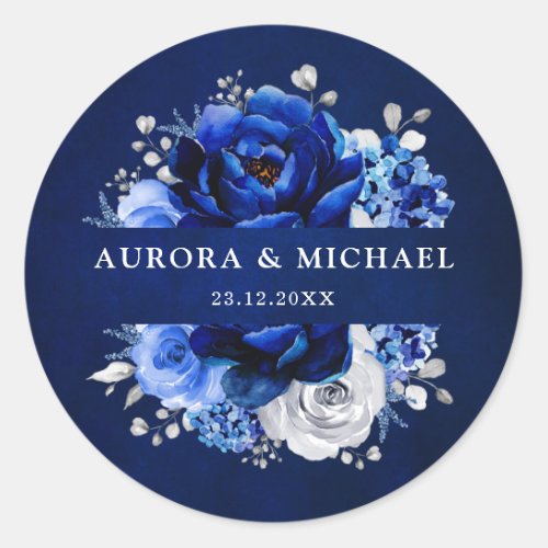 Royal Blue White Silver Metallic Floral Wedding Cl Classic Round Sticker