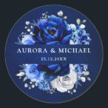 Royal Blue White Silver Metallic Floral Wedding Cl Classic Round Sticker<br><div class="desc">Elegant royal blue white silver theme wedding sticker featuring elegant bouquet of royal blue,  Navy,  silver,  pure white color rose flowers buds and sage green eucalyptus leaves. Please contact me for any help in customization or if you need any other product with this design.</div>