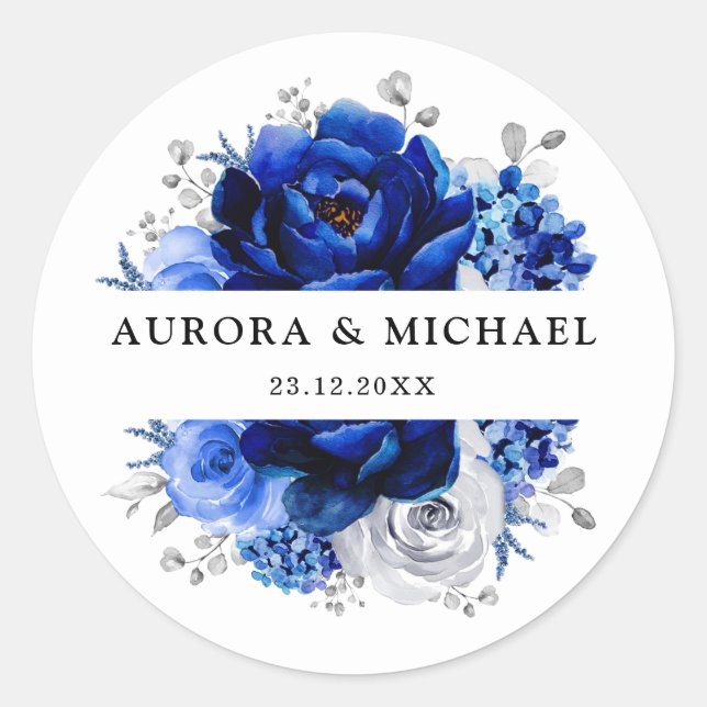 Royal Blue White Silver Metallic Floral Wedding Classic Round Sticker (Front)