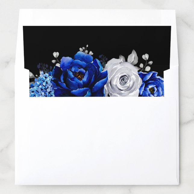Royal Blue White Silver Metallic Floral Wedding En Envelope Liner (In Envelope)