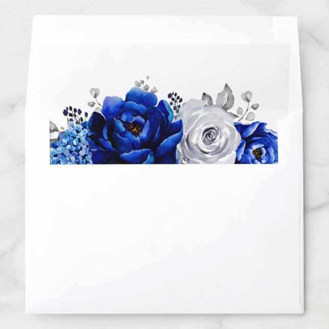 Royal Blue White Silver Metallic Floral Wedding Envelope Liner (In Envelope)