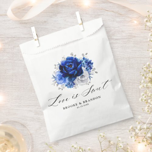 Royal Blue White Silver Metallic Floral Wedding Favor Bag