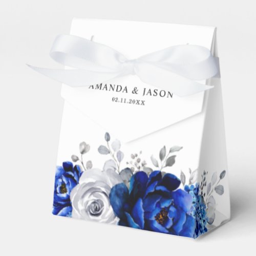 Royal Blue White Silver Metallic Floral Wedding Favor Boxes