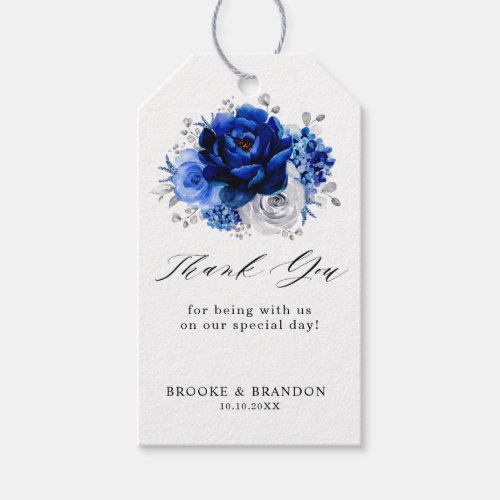 Royal Blue White Silver Metallic Floral Wedding Gift Tags