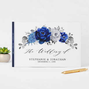 Royal Blue White Silver Metallic Floral Wedding Guest Book