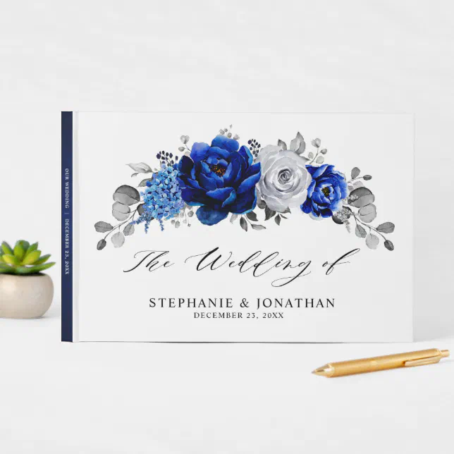Royal Blue White Silver Metallic Floral Wedding Guest Book | Zazzle