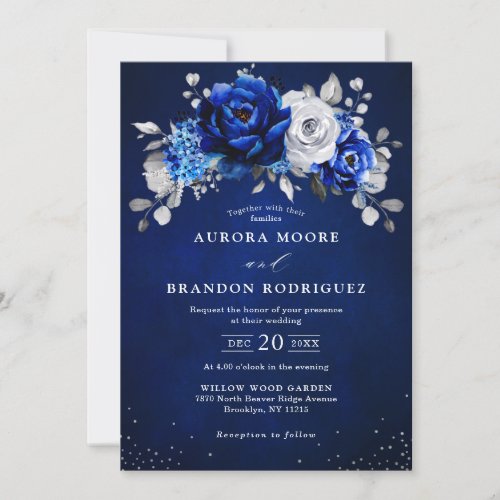 Royal Blue White Silver Metallic Floral Wedding In Invitation