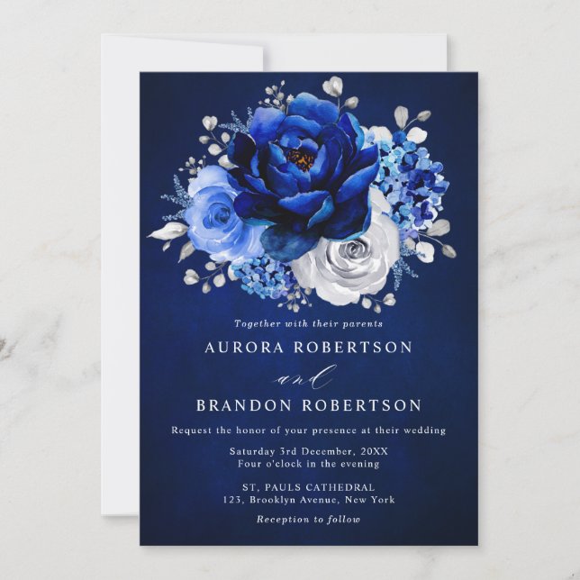 Royal Blue White Silver Metallic Floral Wedding In Invitation (Front)