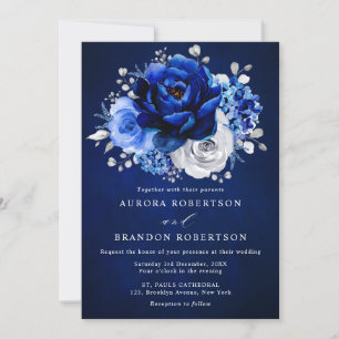 Royal Blue White Silver Metallic Floral Wedding In Invitation