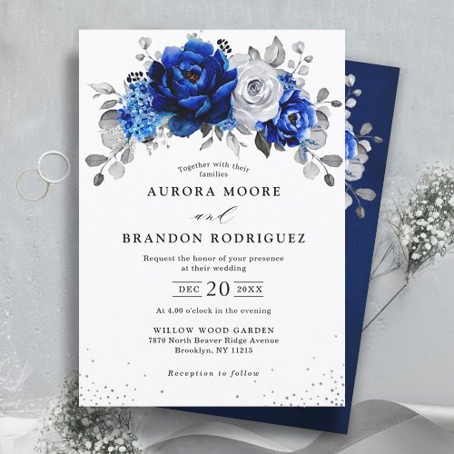 Royal Blue White Silver Metallic Floral Wedding In Invitation