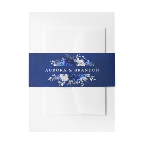 Royal Blue White Silver Metallic Floral Wedding In Invitation Belly Band
