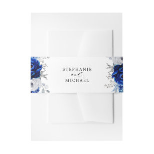 Royal Blue White Silver Metallic Floral Wedding In Invitation Belly Band