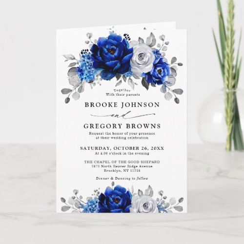 Royal Blue White Silver Metallic Floral Wedding Invitation