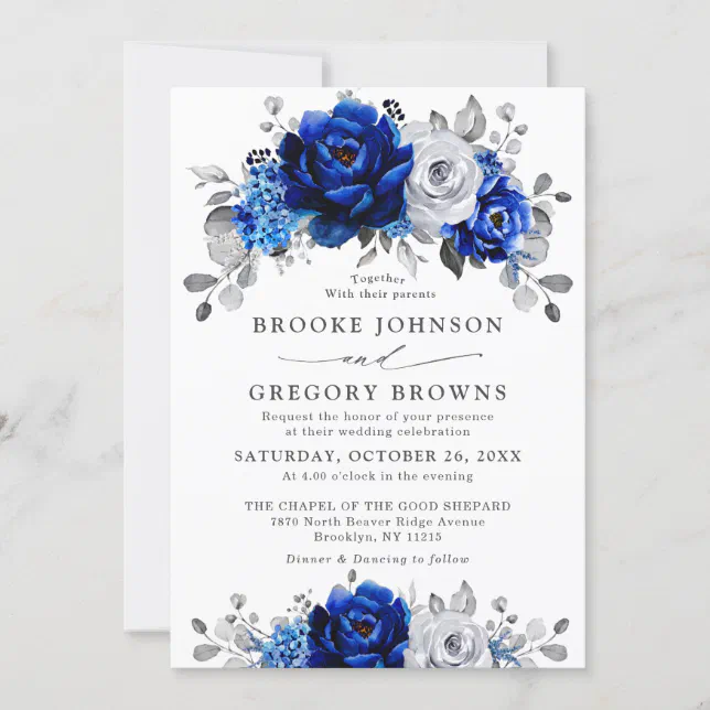 Royal Blue White Silver Metallic Floral Wedding Invitation | Zazzle