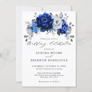 Royal Blue White Silver Metallic Floral Wedding Invitation