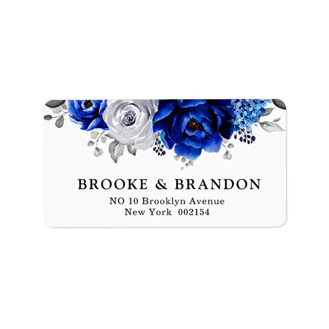Royal Blue White Silver Metallic Floral Wedding Label (Front)