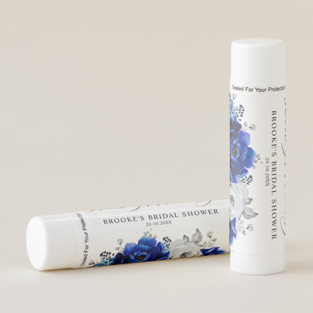 Royal Blue White Silver Metallic Floral Wedding Lip Balm (Front)