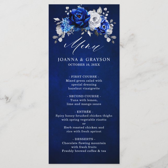 Royal Blue White Silver Metallic Floral Wedding Menu (Front)