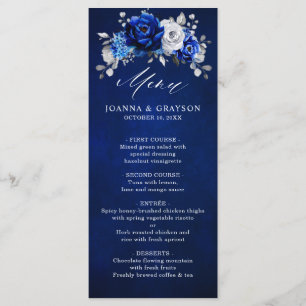 Royal Blue White Silver Metallic Floral Wedding Menu