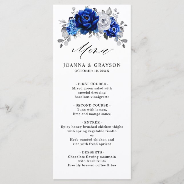 Royal Blue White Silver Metallic Floral Wedding Menu (Front)