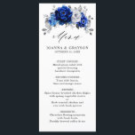 Royal Blue White Silver Metallic Floral Wedding Menu<br><div class="desc">Elegant royal blue white silver theme wedding menu featuring elegant bouquet of royal blue,  Navy,  silver,  pure white color rose flowers buds and sage green eucalyptus leaves. Please contact me for any help in customization or if you need any other product with this design.</div>