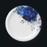 Royal Blue White Silver Metallic Floral Wedding Pa Paper Plates<br><div class="desc">Elegant royal blue white silver theme wedding paper plate featuring elegant bouquet of royal blue,  Navy,  silver,  pure white color rose flowers buds and sage green eucalyptus leaves. Please contact me for any help in customization or if you need any other product with this design.</div>
