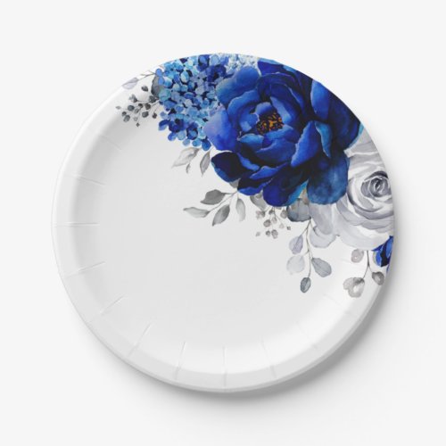 Royal Blue White Silver Metallic Floral Wedding Pa Paper Plates