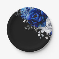 Royal Blue White Silver Metallic Floral Wedding Pa Paper Plates