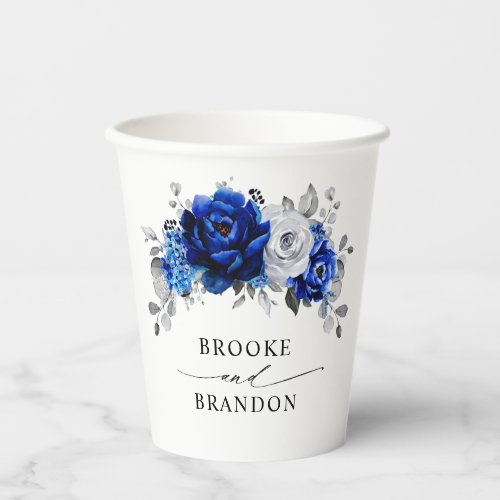 Royal Blue White Silver Metallic Floral Wedding Paper Cups