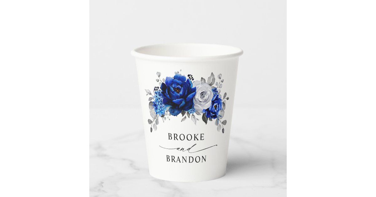 Royal Blue White Silver Metallic Floral Wedding Paper Cups | Zazzle