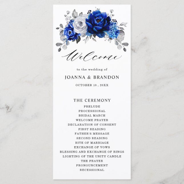 Royal Blue White Silver Metallic Floral Wedding Program (Front)