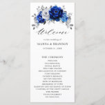 Royal Blue White Silver Metallic Floral Wedding Program<br><div class="desc">Elegant royal blue white silver theme wedding program featuring elegant bouquet of royal blue,  Navy,  silver,  pure white color rose flowers buds and sage green eucalyptus leaves. Please contact me for any help in customization or if you need any other product with this design.</div>