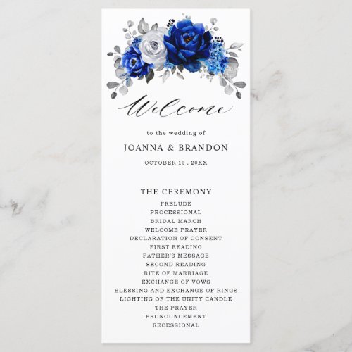 Royal Blue White Silver Metallic Floral Wedding Program