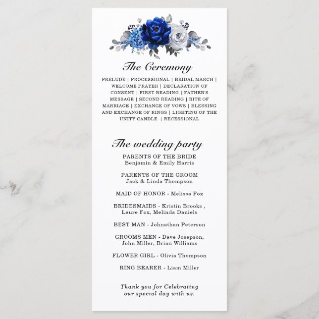 Royal Blue White Silver Metallic Floral Wedding Program (Back)