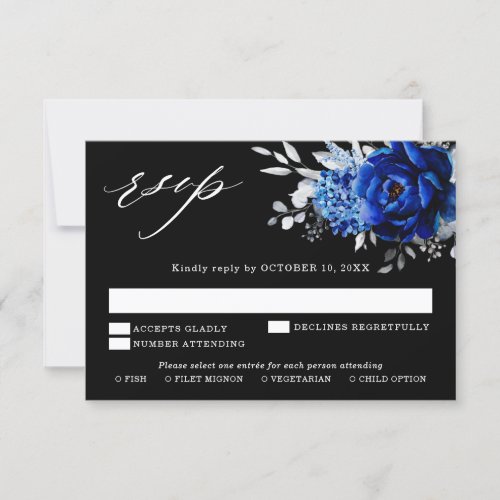 Royal Blue White Silver Metallic Floral Wedding RS RSVP Card