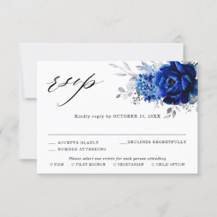 Royal Blue White Silver Metallic Floral Wedding RSVP Card