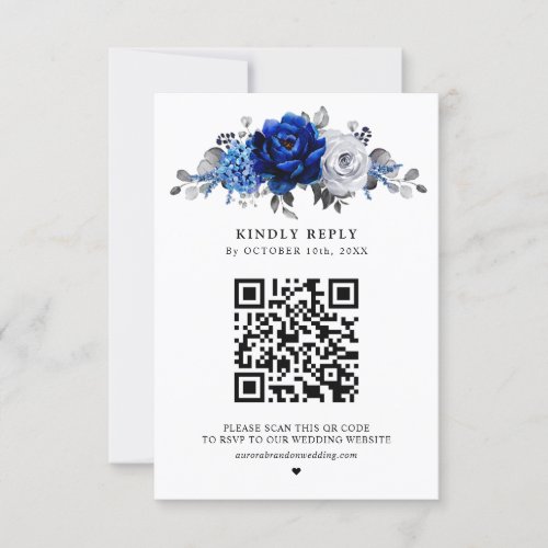 Royal Blue White Silver Metallic Floral Wedding RSVP Card