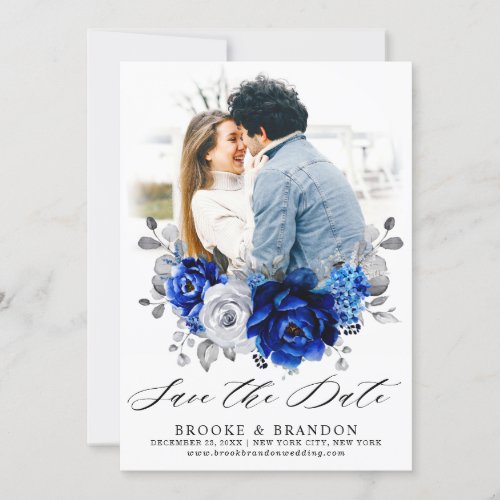 Royal Blue White Silver Metallic Floral Wedding Save The Date