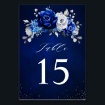 Royal Blue White Silver Metallic Floral Wedding Ta Table Number<br><div class="desc">Elegant royal blue white silver theme wedding table numbers featuring elegant bouquet of royal blue,  Navy,  silver,  pure white color rose flowers buds and sage green eucalyptus leaves. Please contact me for any help in customization or if you need any other product with this design.</div>