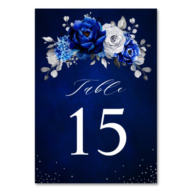 Royal Blue White Silver Metallic Floral Wedding Ta Table Number (Front)