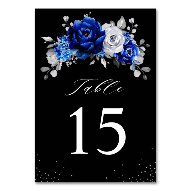 Royal Blue White Silver Metallic Floral Wedding Ta Table Number (Front)