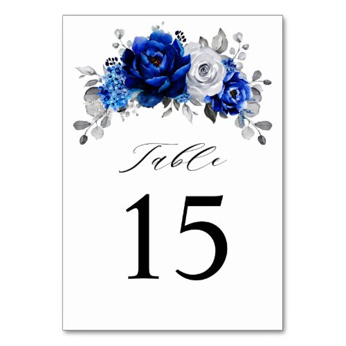Royal Blue White Silver Metallic Floral Wedding Table Number