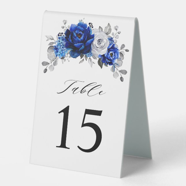 Royal Blue White Silver Metallic Floral Wedding Table Tent (Front)