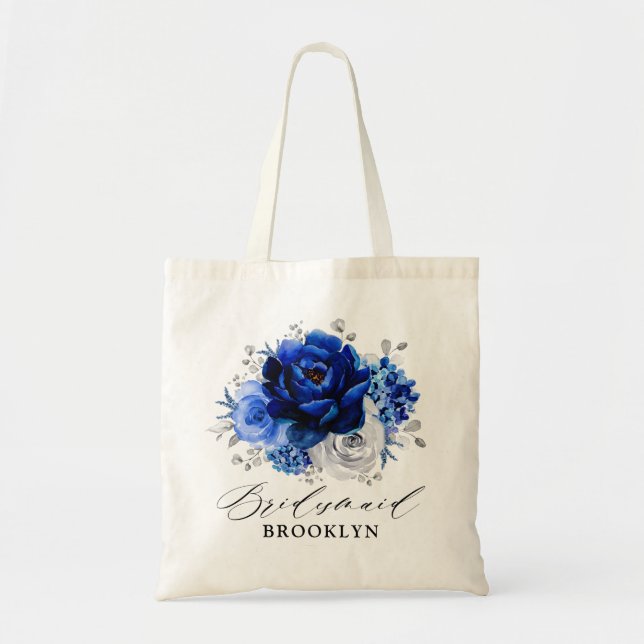 Royal Blue White Silver Metallic Floral Wedding To Tote Bag (Front)