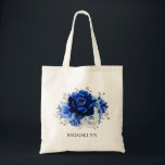Royal Blue White Silver Metallic Floral Wedding Tote Bag<br><div class="desc">Elegant royal blue white silver theme wedding bridesmaid gift tote bag featuring elegant bouquet of royal blue,  Navy,  silver,  pure white color rose flowers buds and sage green eucalyptus leaves. Please contact me for any help in customization or if you need any other product with this design.</div>