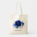 Royal Blue White Silver Metallic Floral Wedding Tote Bag<br><div class="desc">Elegant royal blue white silver theme wedding bridesmaid gift tote bag featuring elegant bouquet of royal blue,  Navy,  silver,  pure white color rose flowers buds and sage green eucalyptus leaves. Please contact me for any help in customization or if you need any other product with this design.</div>