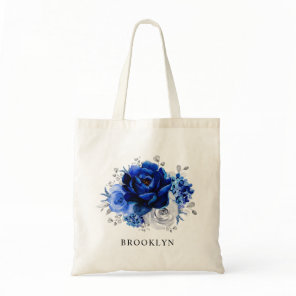 Royal Blue White Silver Metallic Floral Wedding Tote Bag